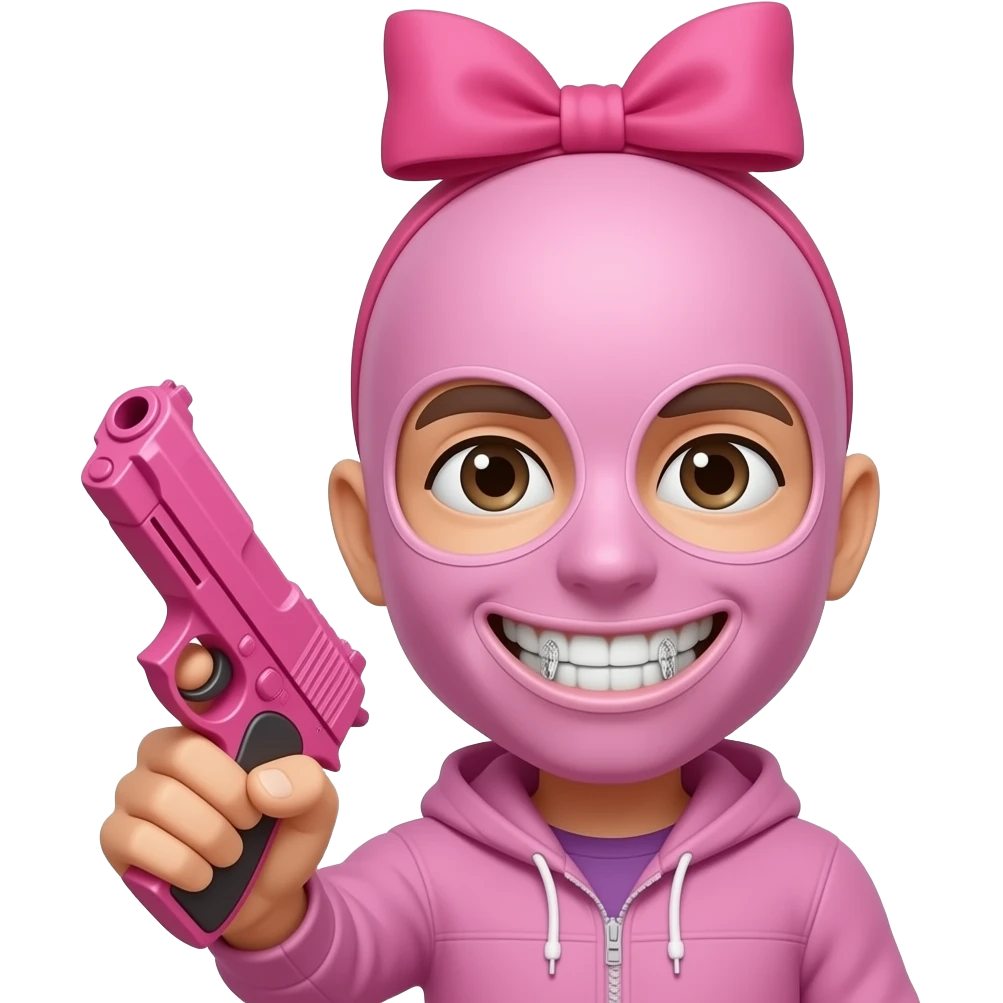 Only a head, Smiley face with grillz, wearing a pink ski mask. holding a pink gun, bow on top of the head emoji