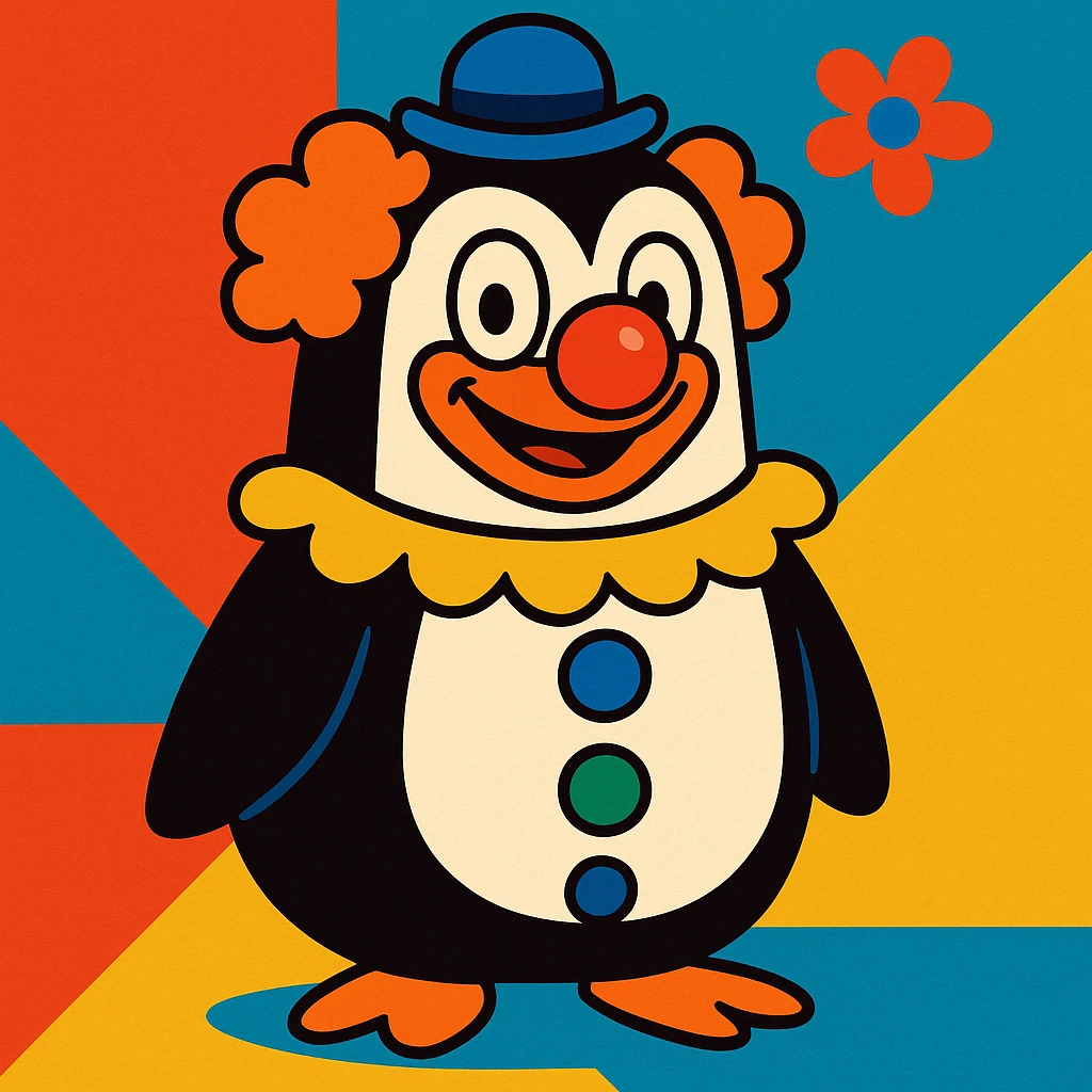 un pingouin clown, vibrant toon style emoji