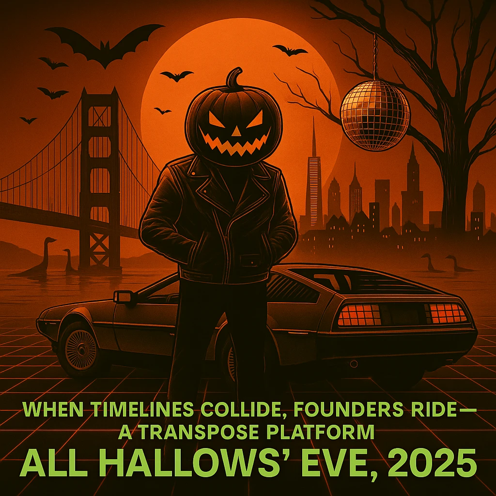 Add the words below the DeLorean, make the words neon retro green, When Timelines collide, Founders ride — a Transpose Platform All Hallows’ Eve, 2025.  emoji
