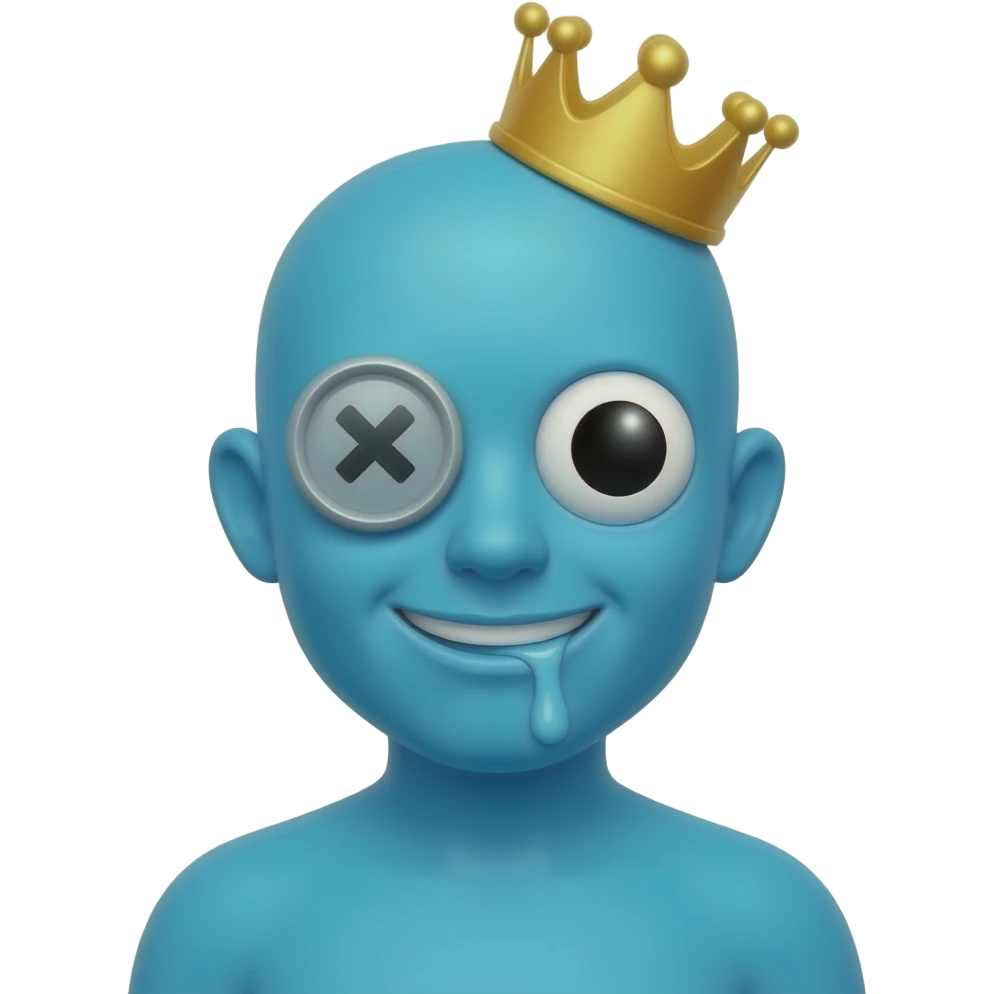 A blue guy with a button on that has an x on it for his left eye he’s smiling and drooling and he has a crown emoji