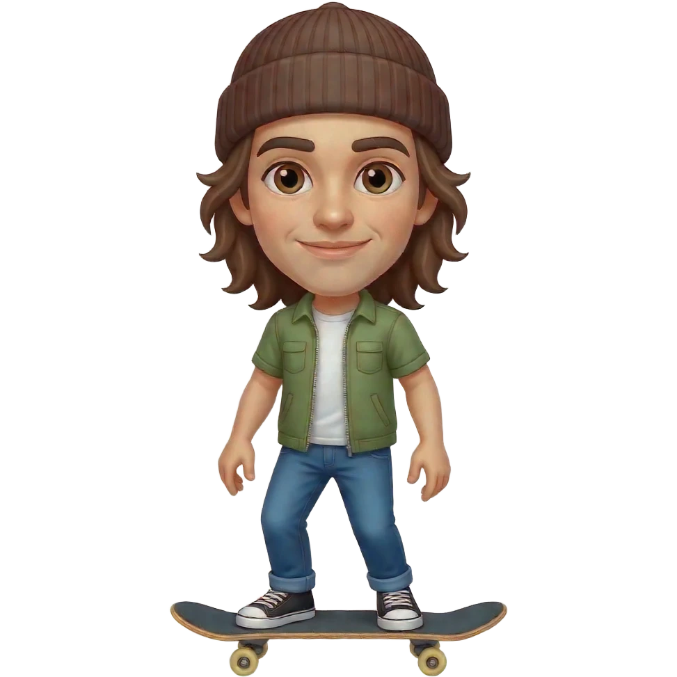 Lean physique, dark brown thick eyebrows, long brown hair man with beanie skateboarder emoji
