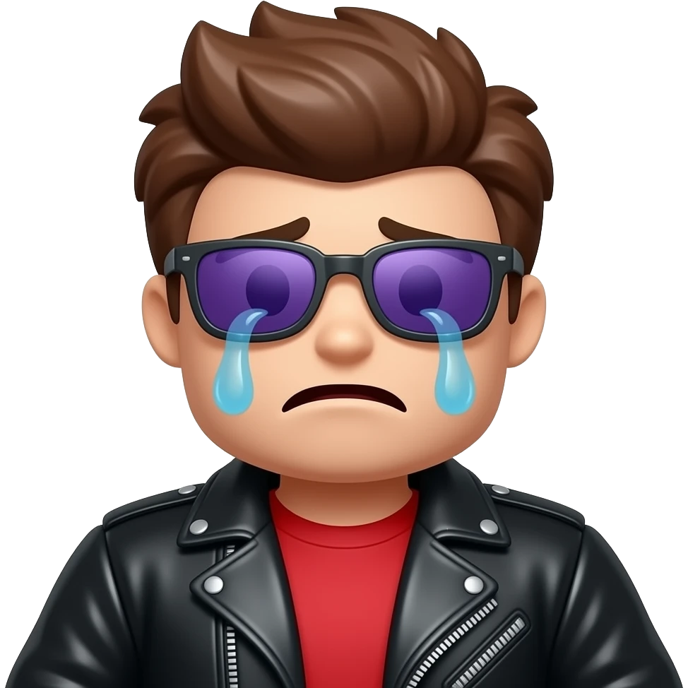 Crying Roblox boy avatar emoji, brown hair, purple sunglasses, black leather jacket, red shirt with... emoji