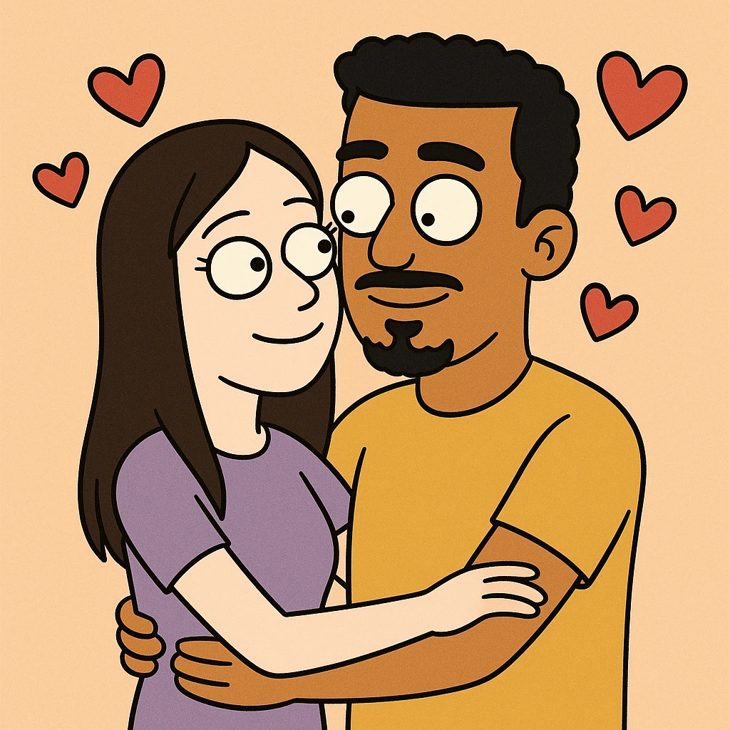 cartoon couple, pale girl with long straight dark brown hair no facial hair, tan boy with short black curly hair, small goatee and separate mustache, multiple hearts around the couple emoji