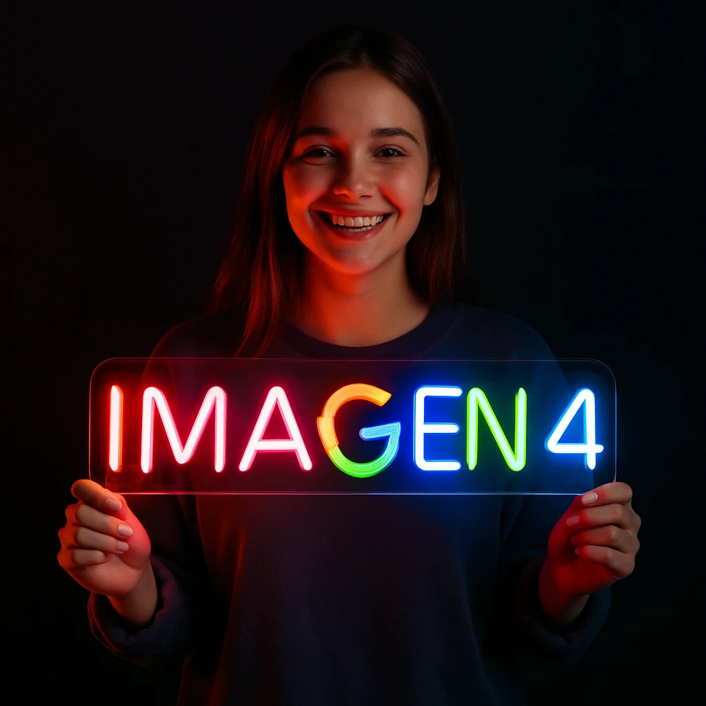 make a girl holding this sign, but sign in made of neon emoji