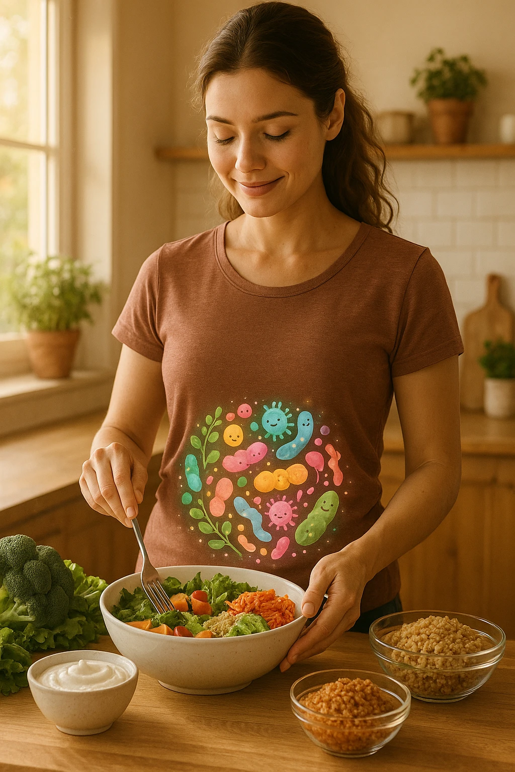 A realistic, warm-toned image of a young woman in a bright, cozy kitchen preparing a healthy meal rich in fiber and probiotics. She smiles softly, focused and calm, as she adds fresh vegetables, fermented foods like yogurt or kimchi, and whole grains to a bowl. Around her abdomen, a subtle, glowing overlay of balanced gut flora—colorful, friendly bacteria and microbes—swirls gently, symbolizing intestinal health and harmony. The setting is natural and inviting, with sunlight streaming through the window, potted herbs on the counter, and clean wooden surfaces. The overall mood conveys wellness, self-care, and the positive journey toward gut balance emoji