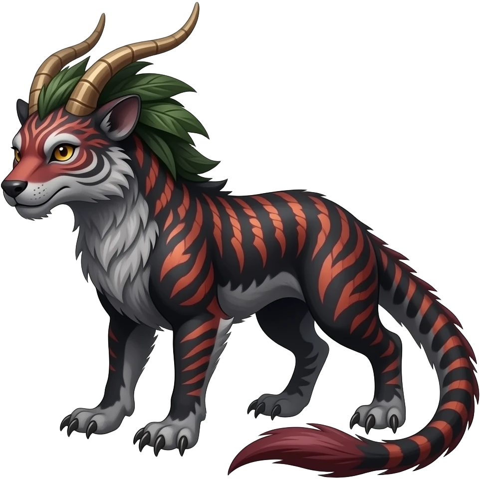 Rare realistic dark-burgundy grey black gradients lush tropical exotic cute epic pretty beautiful handsome gorgeous aesthetic colorful vibrant Vernid-Protogen-Primagen-Wickerbeast-Genet-Trico-species-Fakemon-hybrid-creature by LiLaiRa, beautiful intricate markings, full body emoji
