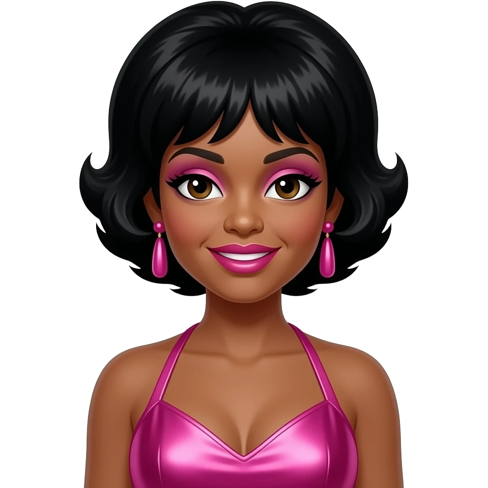 Martha Reeves from Martha and The Vandellas with dark brown eyes, black beehive hair, pink eyeshadow, hot pink lipstick, hot pink metallic halter dress, pink earrings emoji