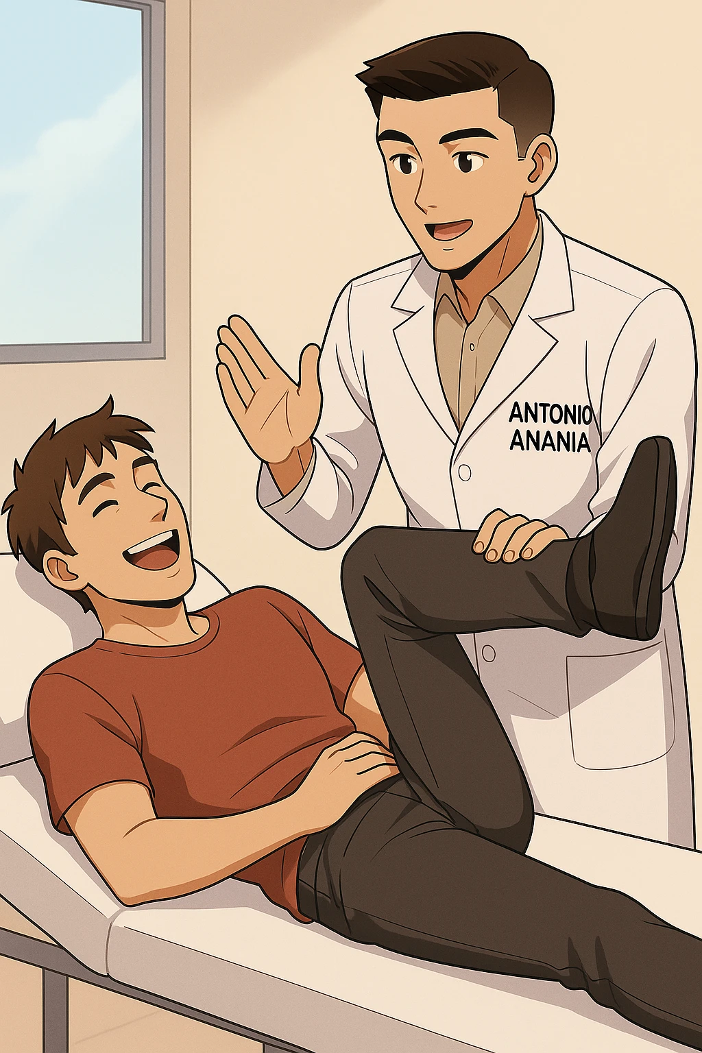 fai un webtoon manga a colori con questo stile, in cui un uomo è steso sul lettino medico e il kinesiologo con il camice bianco (fagli anche la scritta "ANTONIO ANANIA" SUL CAMICE, gli solleva una gamba per fargli il test neuromuscolare, IL KINESIOLOGO SPIEGA ALL'UOMO UNA cosa mentre gli alza la gamba. l'espressione dell'uomo è felice e soddisfatta, non fare i fumetti però, fai solo in modo che sembri stiano parlando, il lettino fai in modo che si veda tutto intero emoji