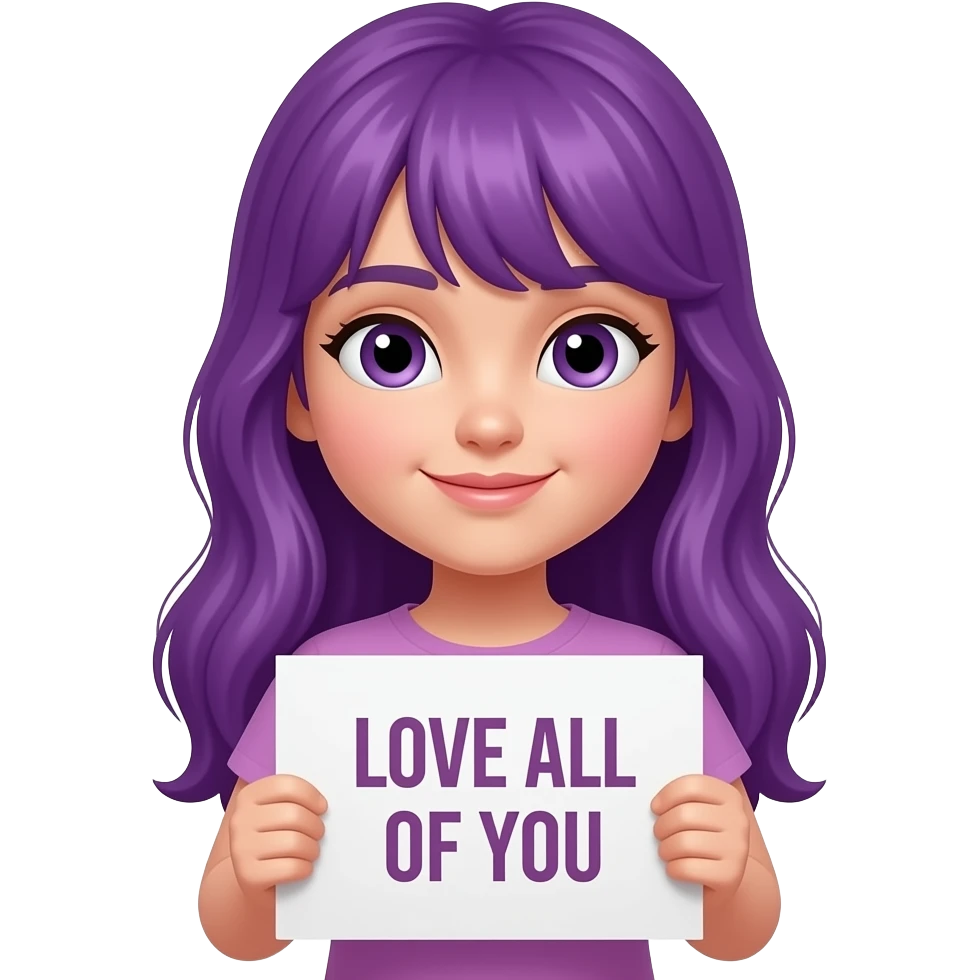 girl with long purple hair holding a -MASKTOK- LOVE ALL OF YOUsign emoji