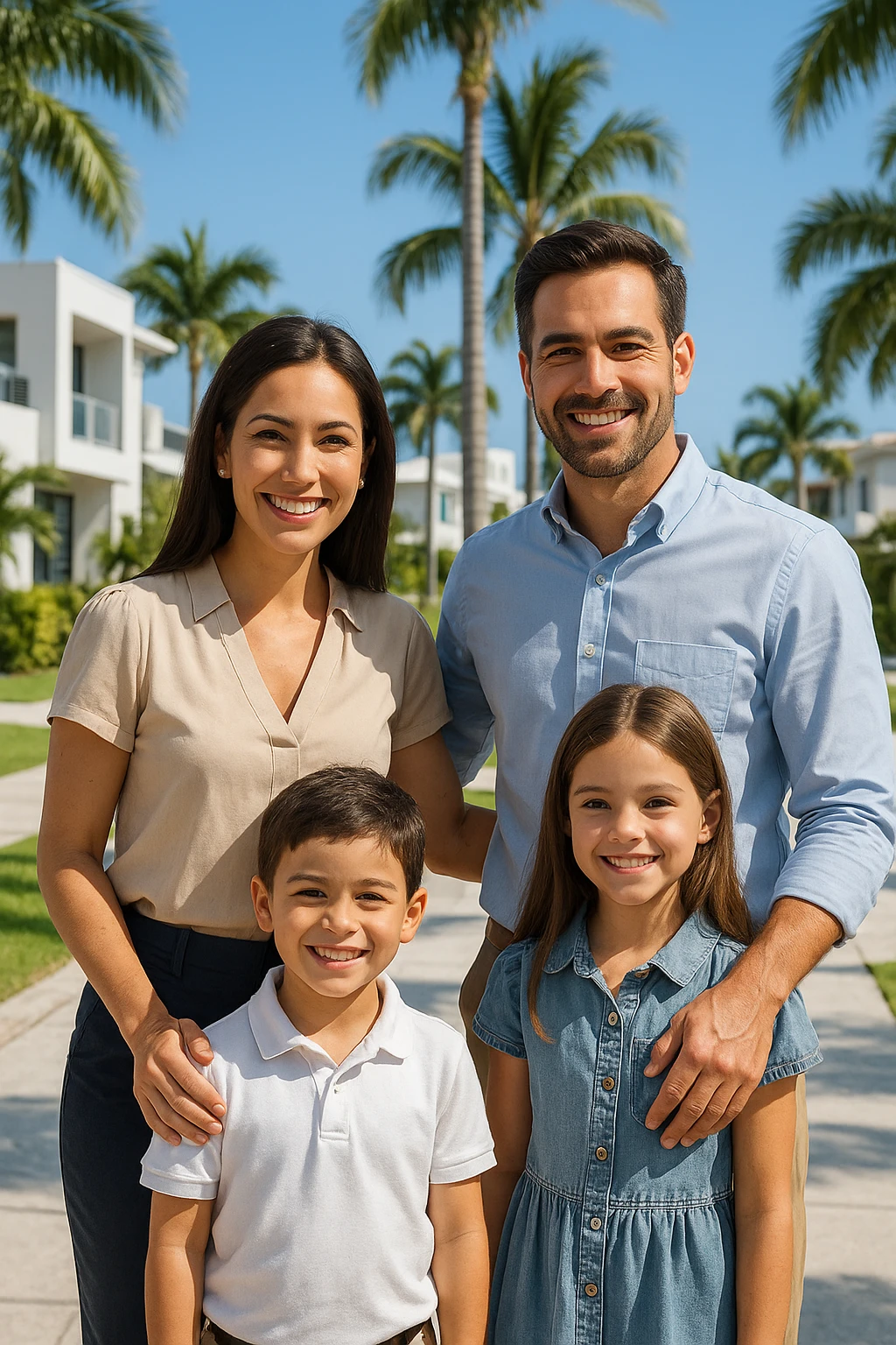 Foto hiper realista que refleje a nuestro cliente ideal de real estate: familias profesionales que desean mudarse a Miami o adquirir una segunda residencia. Familia tradicional de madre, padre, hijo e hija. emoji