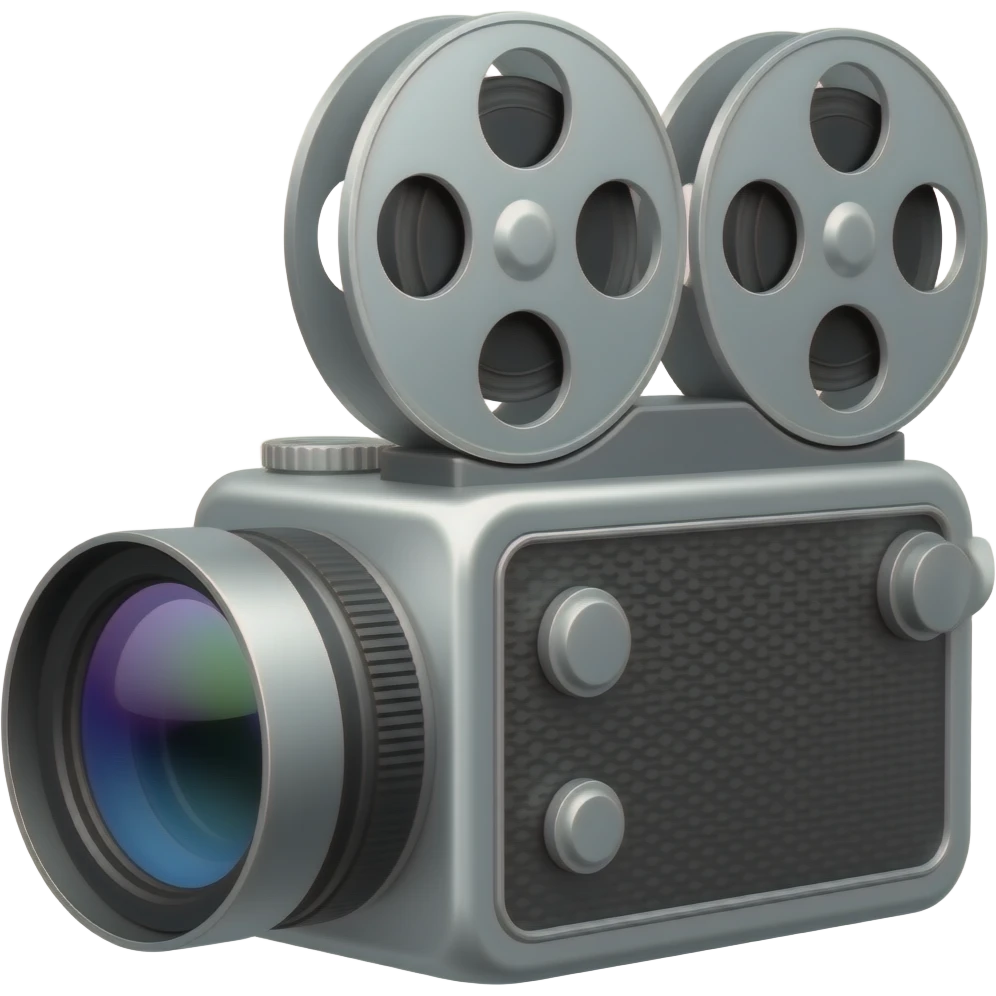 Glossy 3D rendered vintage movie film camera emoji, strict side profile view, facing left, large cinematic lens, detailed with film reels, warm friendly aesthetic, slightly rounded edges, soft shading, white background emoji