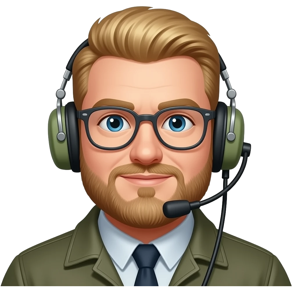 chubby blonde guy, brush cut hairstyle, short beard, aviation glasses, aviatior headset emoji