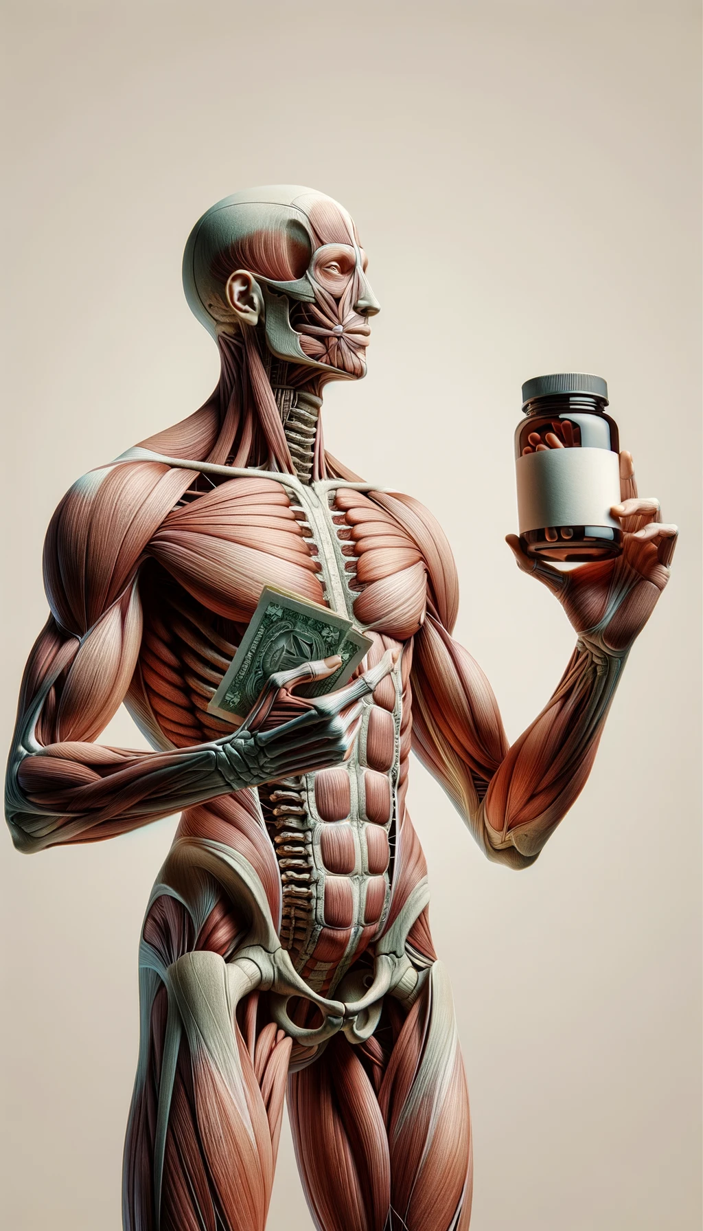 corpo umano anatomico che tiene nella mano destra una boccetta di integratore e nella mano sinistra delle banconote, sfondo neutro chiaro emoji