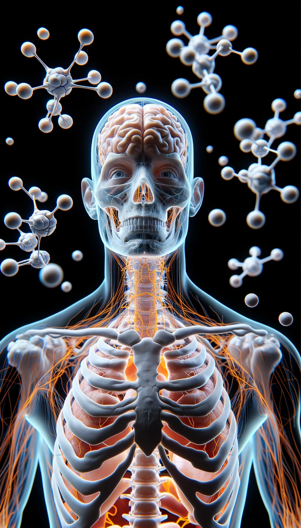 corpo umano anatomico circondato da molecole di dopamina che fluttuano in aria, iperrealistico 4k emoji