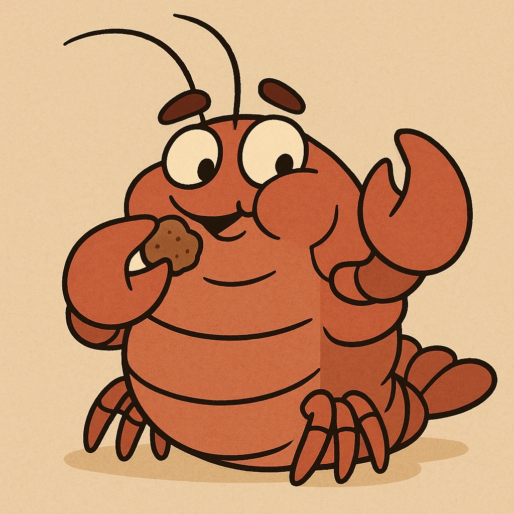 chubby crayfish munching on a food pellet, cartoon style, cute and playful emoji
