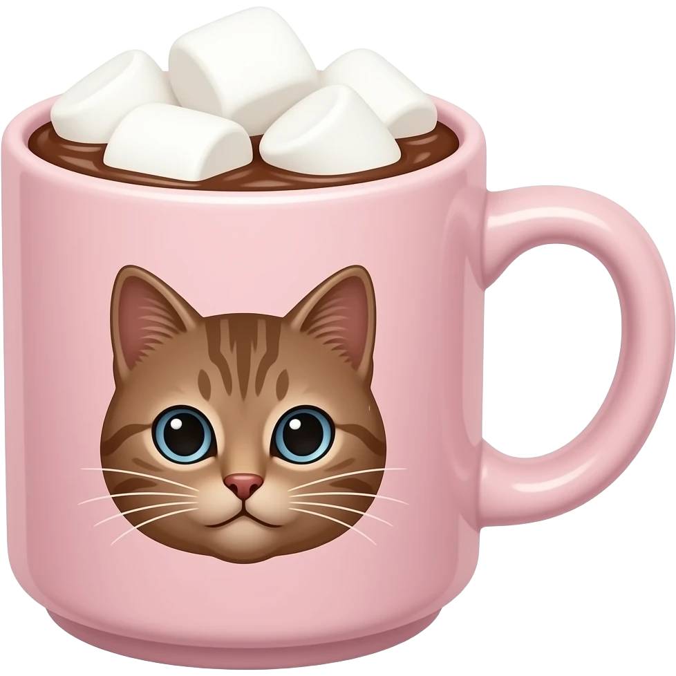 Caneca rosa clara com uma estampa de um gatinho Marrom dentro de uma caneca, e da caneca que não é a estampa, tem chocolate quente com marshmallows. emoji