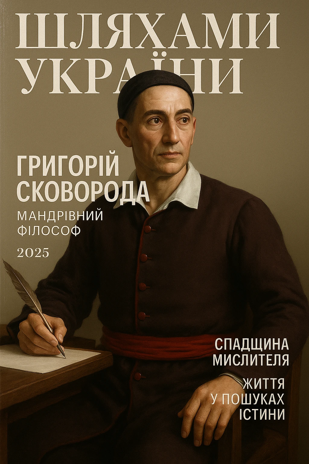 Create a glamorous, ultra-realistic magazine cover titled "Шляхами України".
The cover features Princess Olga from the downloaded image.
The cover design should be bright with elegant typography.
Add the title: "Григорій Сковорода", the subtitle: "Мандрівний філософ", and the release date: "2025".
Include additional subheadings and a well-thought-out layout.
Premium lighting, dramatic shadows, rich colour correction, glossy paper texture, minimalist background, focus on the character and typography in the spirit of glossy publications. emoji