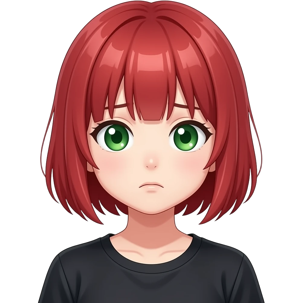 anime girl confused expression red hair green eyes black shirt emoji
