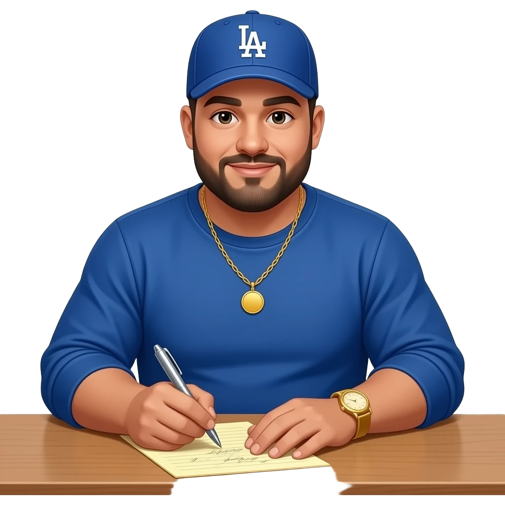 Chubby man with light honey skin tone and lightly shaved black beard wearing a blue Los Angeles Dodgers logo baseball cap wearing a long sleeve blue shirt wearing a gold tennis necklace and a gold wrist watch wearing denim jeans writing emoji