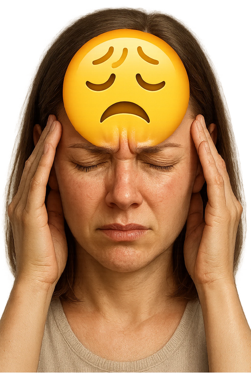 emoji stile iphone di donna con mal di testa, iperrealistico 4k emoji