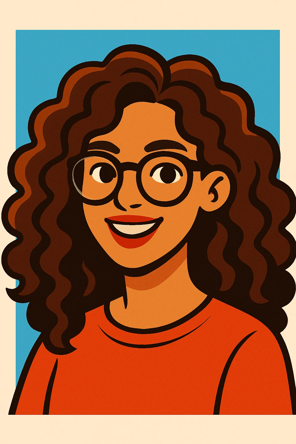 woman with long curly brown hair and eyeglasses, modern illustration style emoji