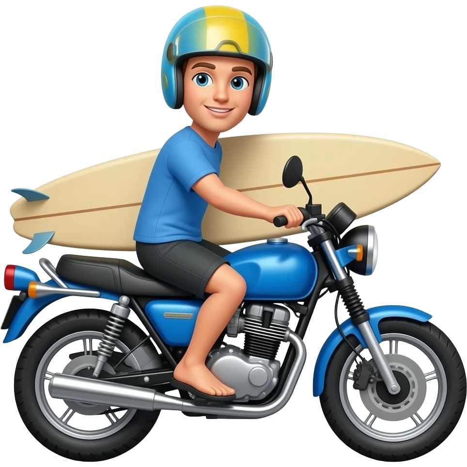 Surfista com camisa azul na moto azul com prancha marrom emoji