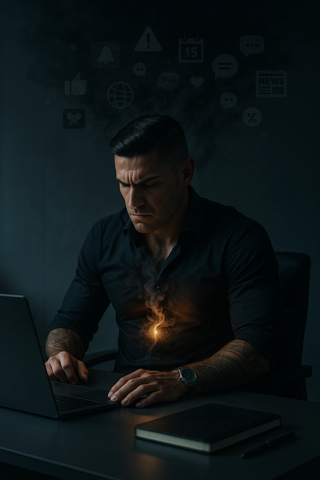 A highly realistic, cinematic image of a young man in his early 30s, sitting at a modern office desk under harsh artificial lighting, shoulders hunched, jaw clenched, and breathing shallowly, symbolizing how modern society forces people to live in a state of chronic tension and restricted breathing. Around him, faint black and grey visual elements represent notifications, deadlines, social media icons, and news alerts, swirling around his head like a chaotic storm, symbolizing societal pressure. His chest appears visually tight and compressed, and faint dark smoke emanates from his body, representing blocked breath and internalized stress. In contrast, a faint glowing light near his chest and abdomen tries to expand, symbolizing the innate desire of the body to breathe freely and deeply. The environment is cold and minimalistic, with a sense of stillness and tension, captured in a hyperrealistic 35mm film style with muted colors, focusing on the man's tense posture and restricted breathing to reflect the unseen burden of modern living. in italiano emoji