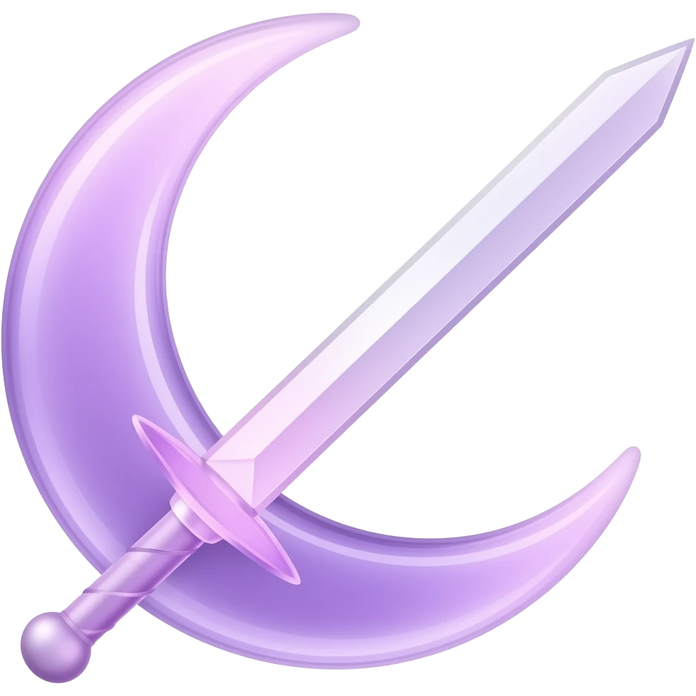 transparent purple detailed crescent moon with an elegant detailed glowing transparent sword, emoji style. The sword is positioned so that the blade points away from the moon and the hilt faces toward the moon (blade facing outward, not toward the moon). Soft violet and pink glow emoji