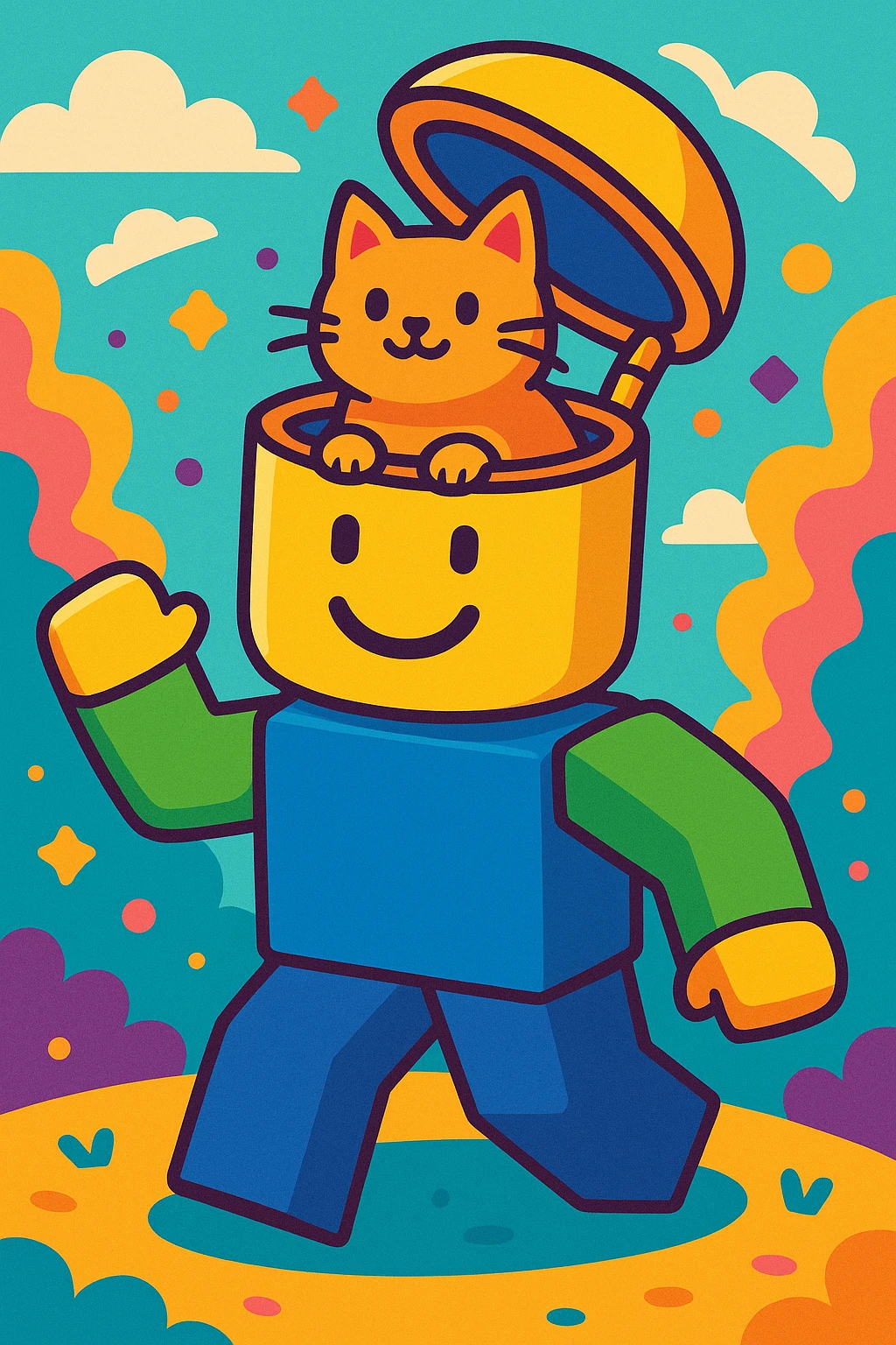 a whimsical style illustration of a Roblox noob character with its head open and a cat sitting inside emoji
