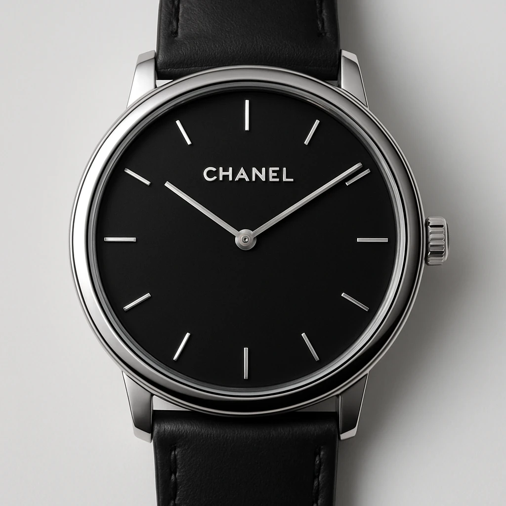 a modern designer watch with the Chanel logo, sleek and minimalistic emoji