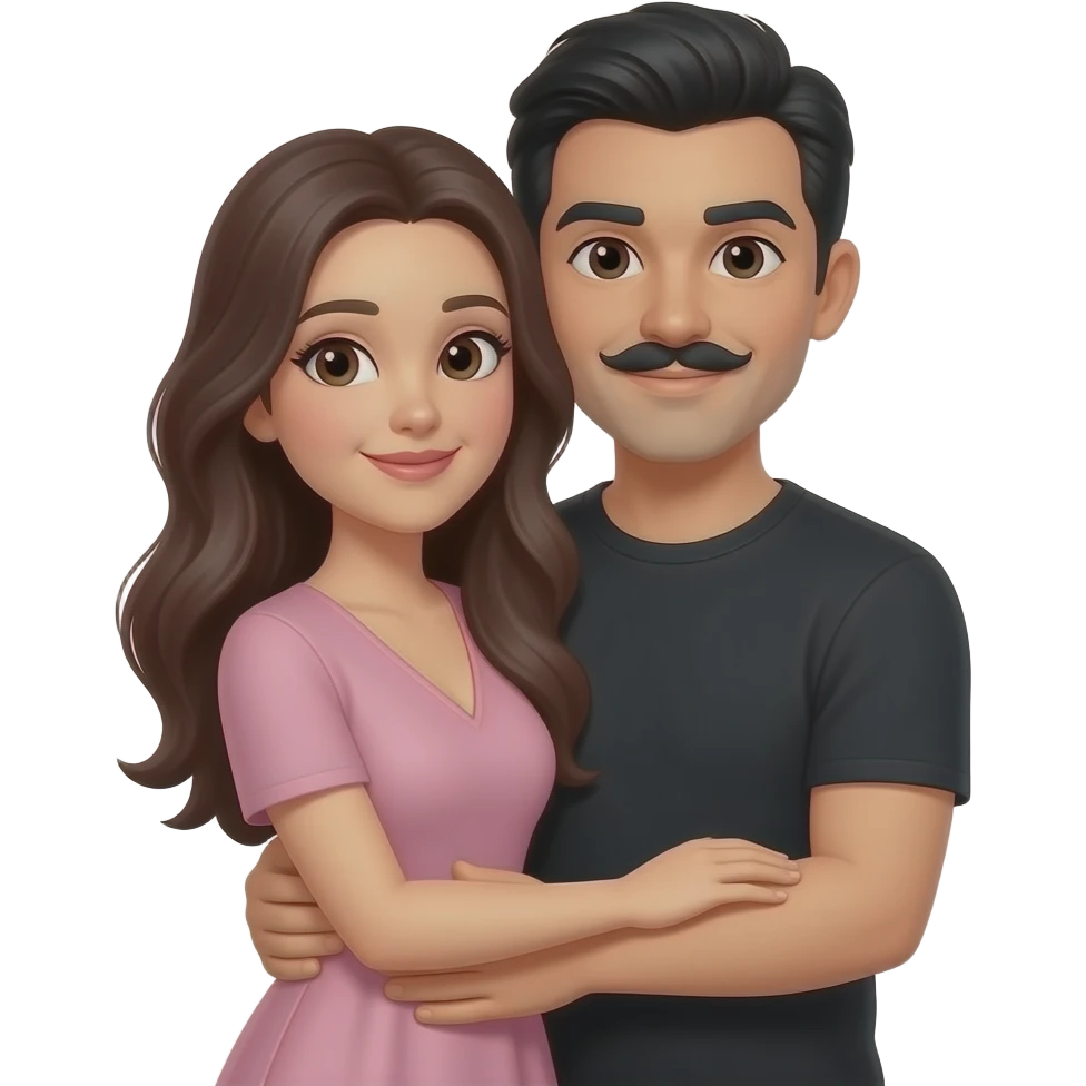Eu e meu marido. Estou usando um vestido na cor rosa claro, tenho cabelos longos na cor castanho escuro. Meu marido tem cabelo preto e usa camiseta preta. Ele está me abraçando. Ele tem bigode emoji