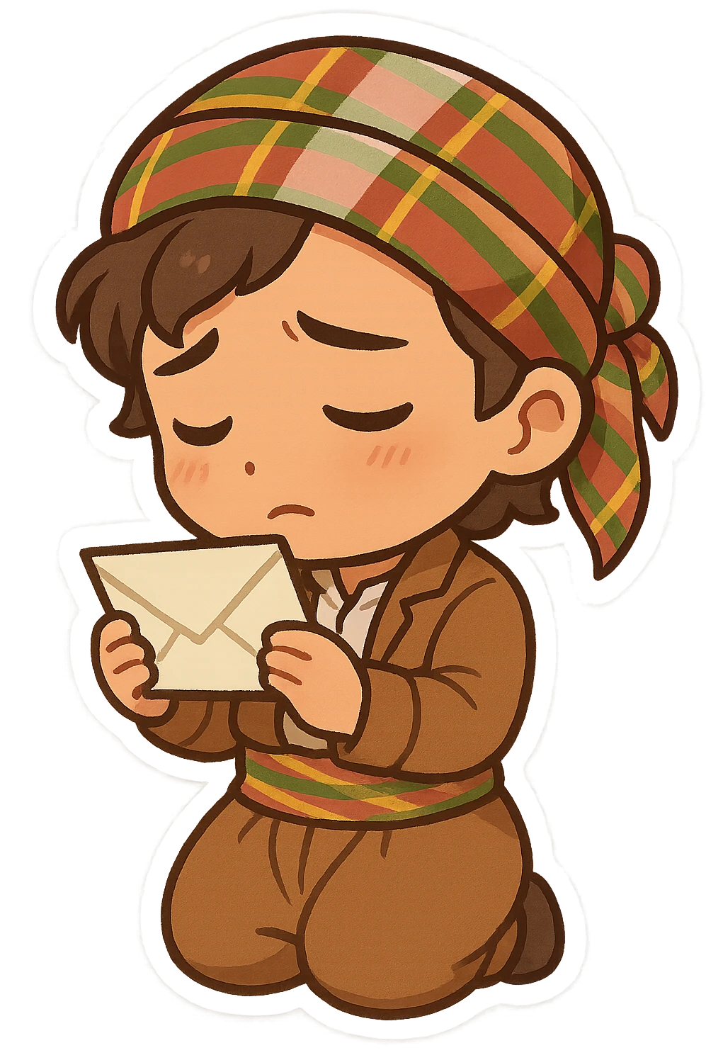 Kurdish sticker, cartoon style, Kurdish man or woman in jamadani, looking at a photo or holding a letter, thoughtful or nostalgic expression, no text emoji
