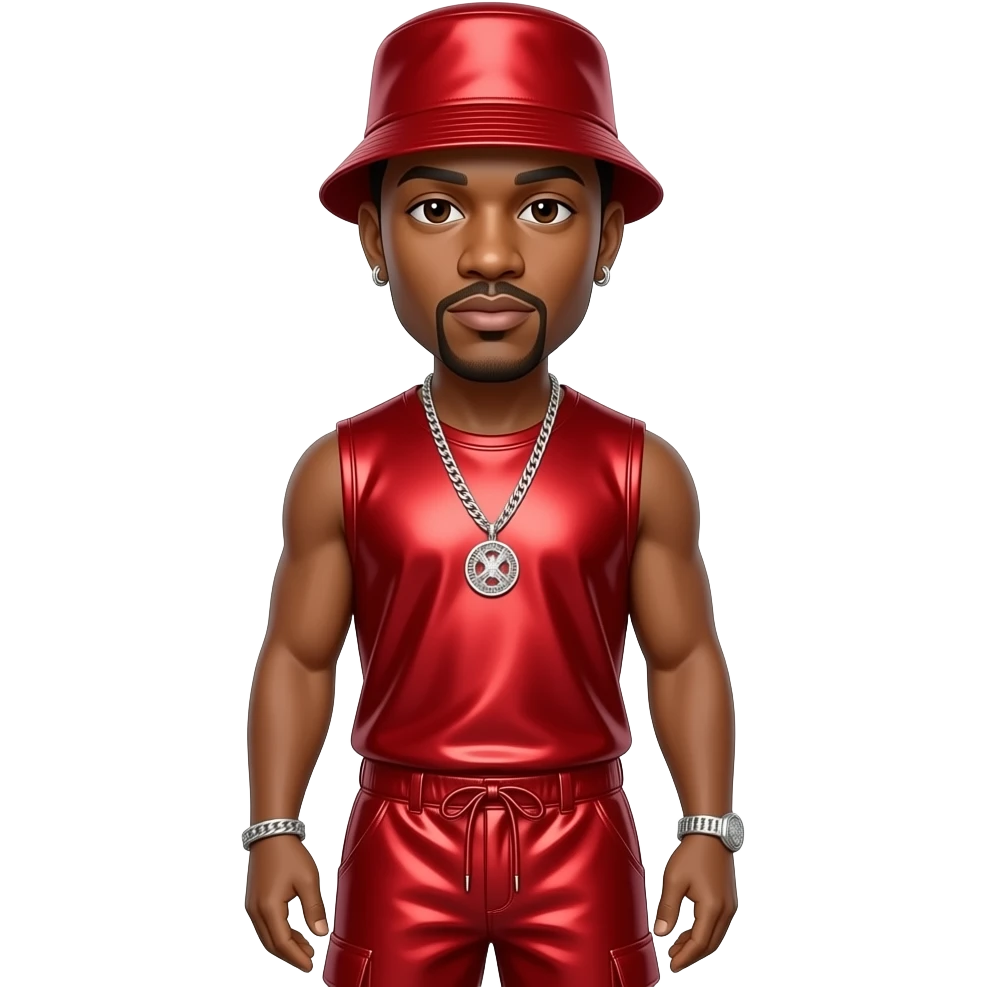 LL Cool J with dark brown eyes, red bucket hat, red metallic hip-hop sleeveless shirt, red metallic hip-hop baggy pants, necklace and earrings emoji