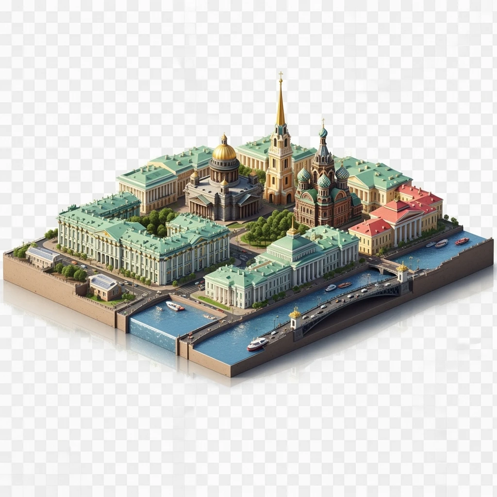 Изометрическая модель-иллюстрация Санкт-Петербурга с основными фотореалистичными достопримечательностями баланс между стилизацией и реализмом, эффект рисованной миниатюры Tift shift, прозрачный фон. emoji