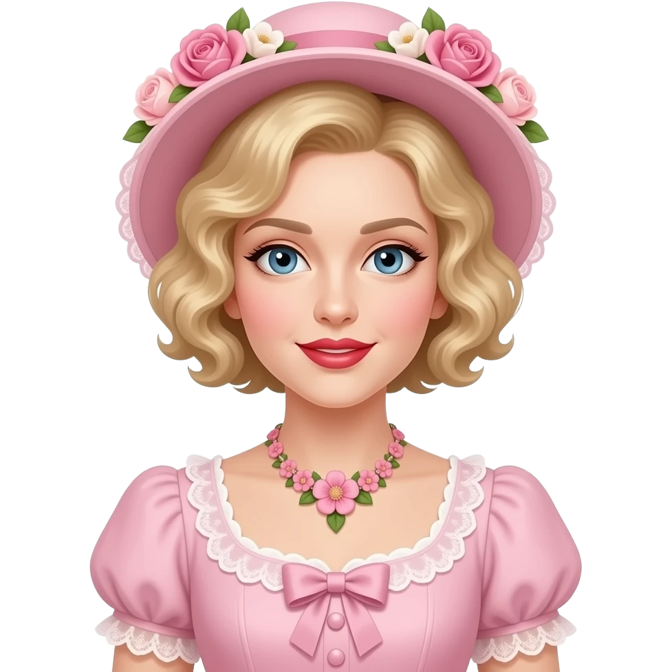 Victorian look with blonde short tight curls bob hair side swept in a light pink Victorian dress, antique pink flowers necklace and light pink Victorian hat with flowers, red lipstick emoji