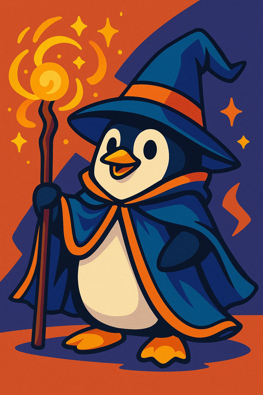 a penguin dressed as a wizard, holding a staff, with magical effects, vibrant cartoon style emoji