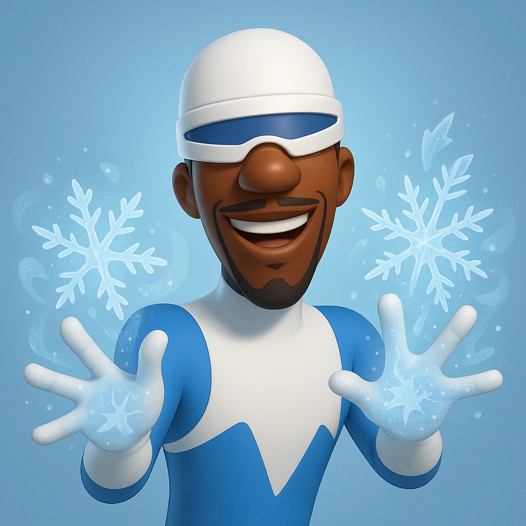 Frozone from The Incredibles, memoji style, blue and white suit, ice powers, friendly expression, cartoonish emoji