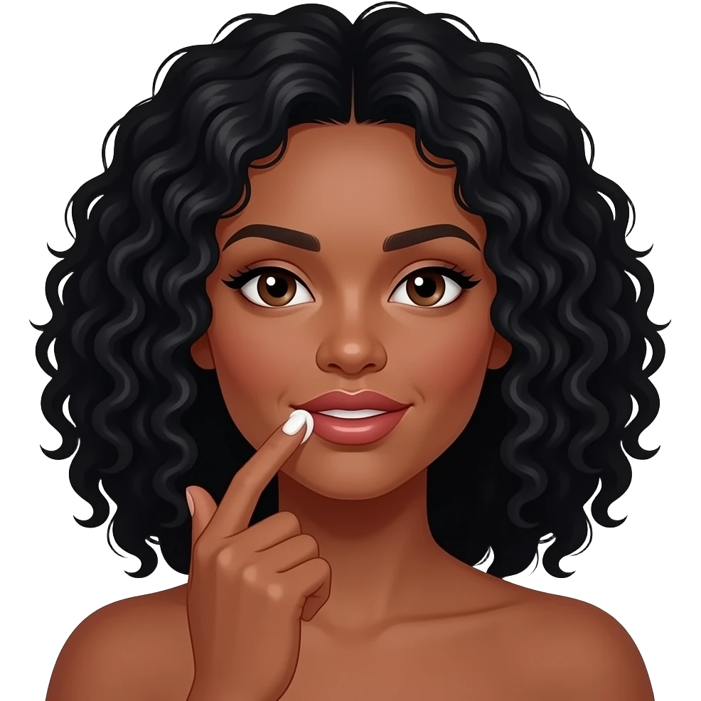 Medium dark skinned woman with black curly shoulder-length hair spreading cream above her mouth with her fingers emoji