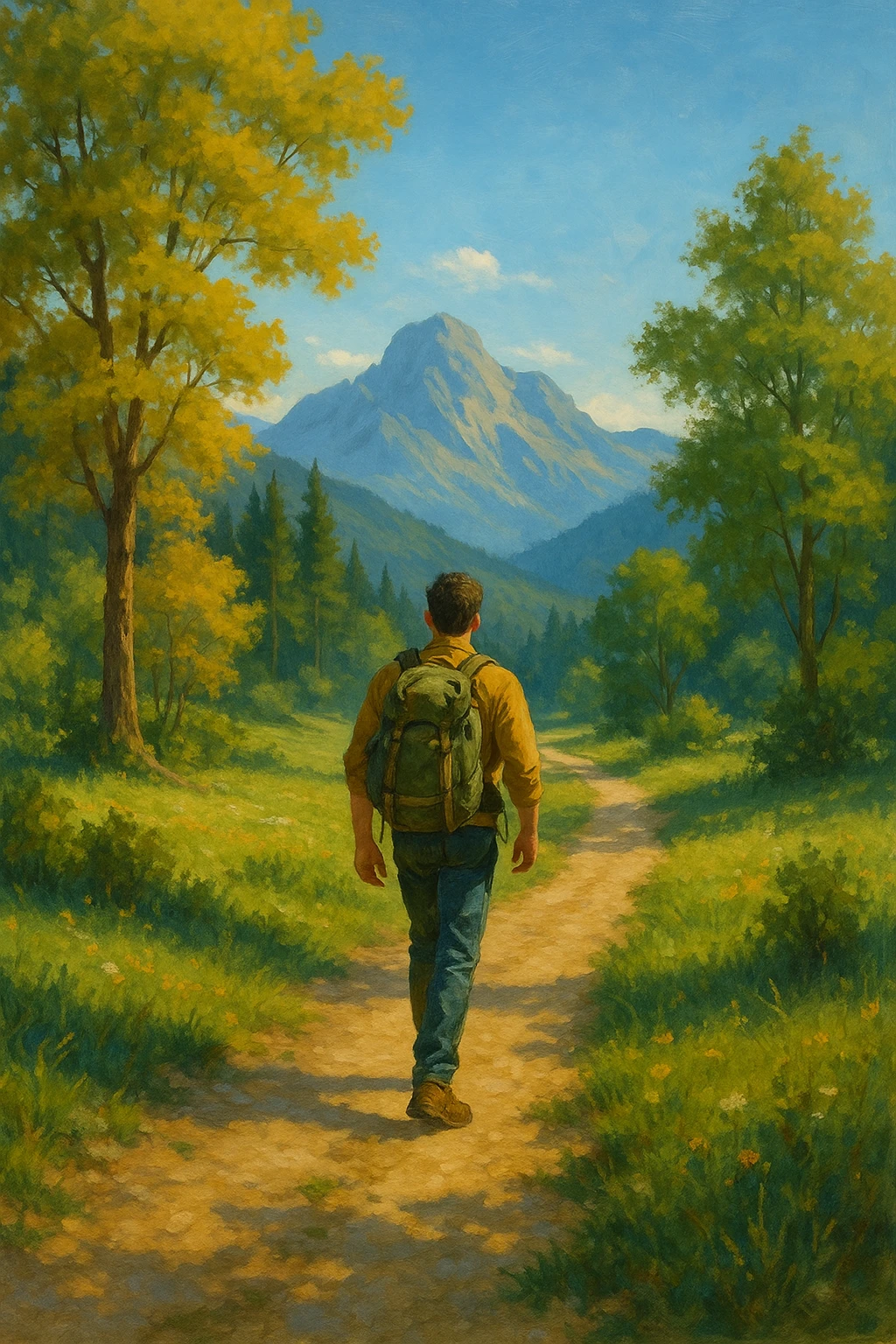 a man on a journey, backpack on, walking along a path, nature scenery emoji