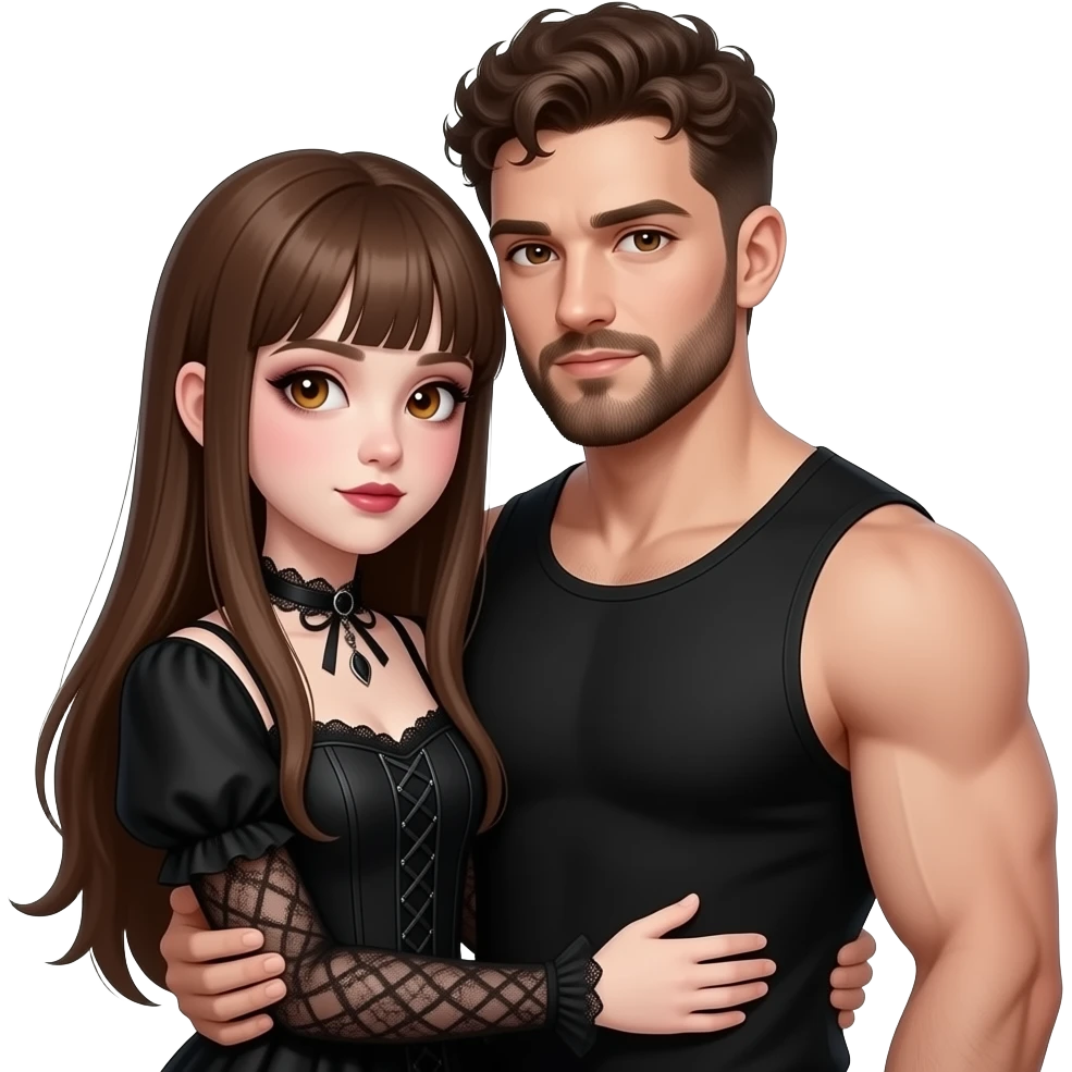 realistic pretty pale skin long straight brown hair girl brown eyes long face wearing gothic dress and gothic makeup HD and her muscular man short brown curly hair and beard hugging emoji