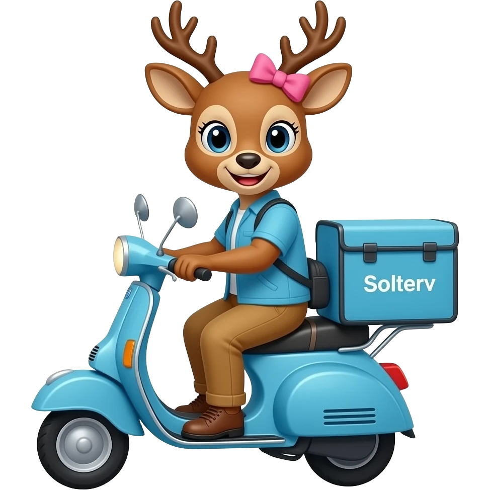 deer who wears pink bow and drives blue scooter as a courier emoji