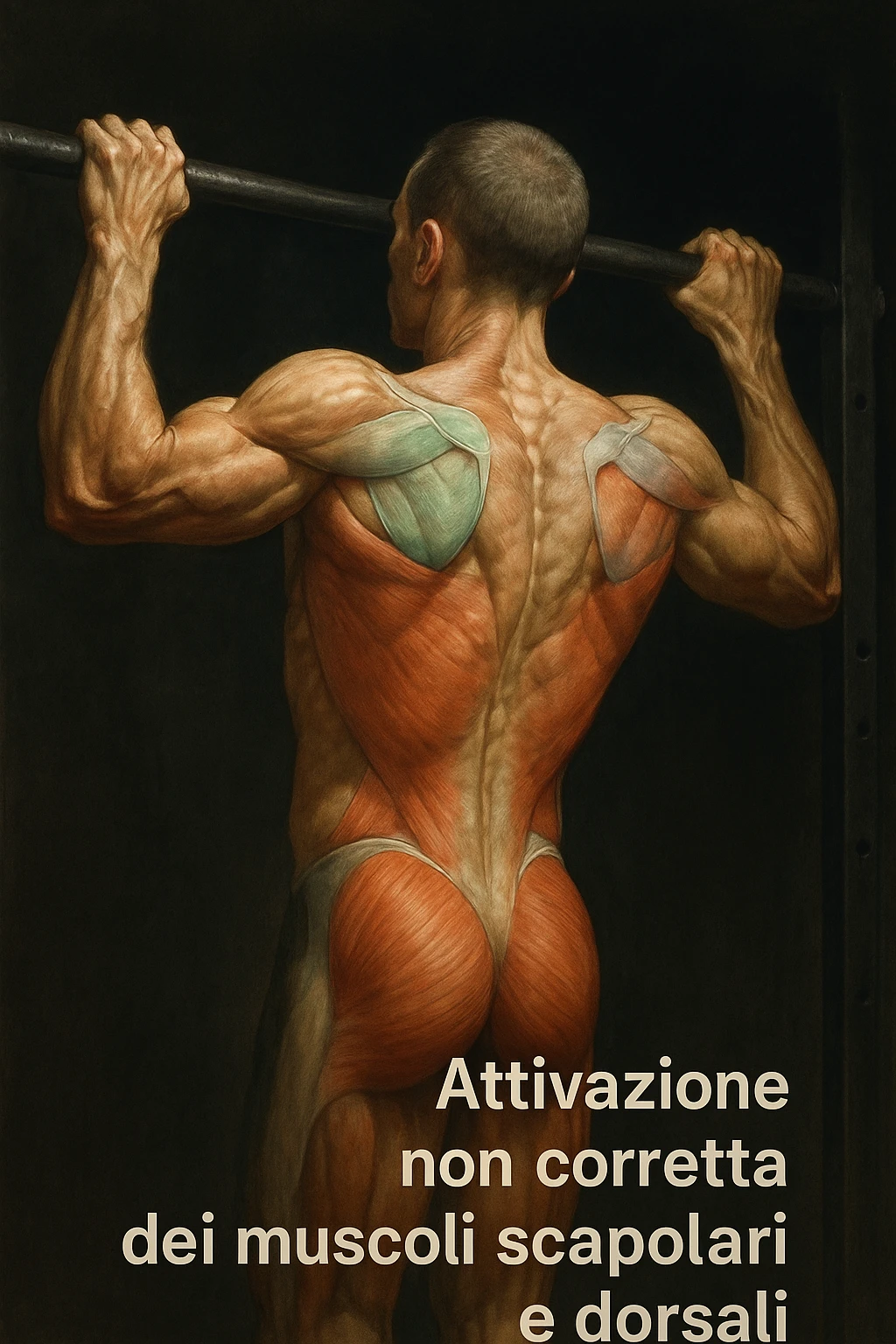 realistic and cinematic anatomical illustration of a man performing pull-up on a bar with incorrect activation of scapular and dorsal muscles, anatomical highlighting of non-activated or incorrectly activated muscles using colors or transparencies, Italian captions, dramatic clinical lighting, aspect ratio 2:3 emoji