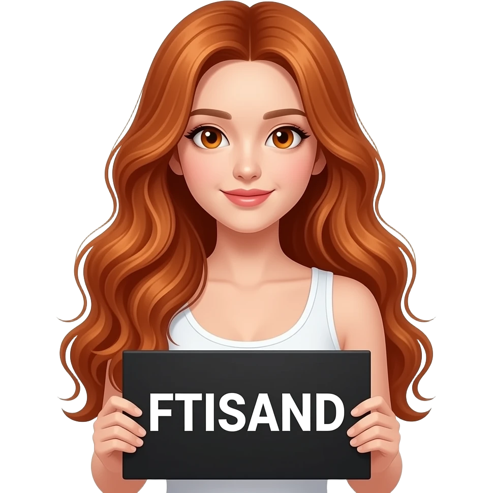 sexy girl with long wavy ginger hair and ginger eyes wearing a white tanktop is holding a black colored sign with FTISLAND written on it emoji