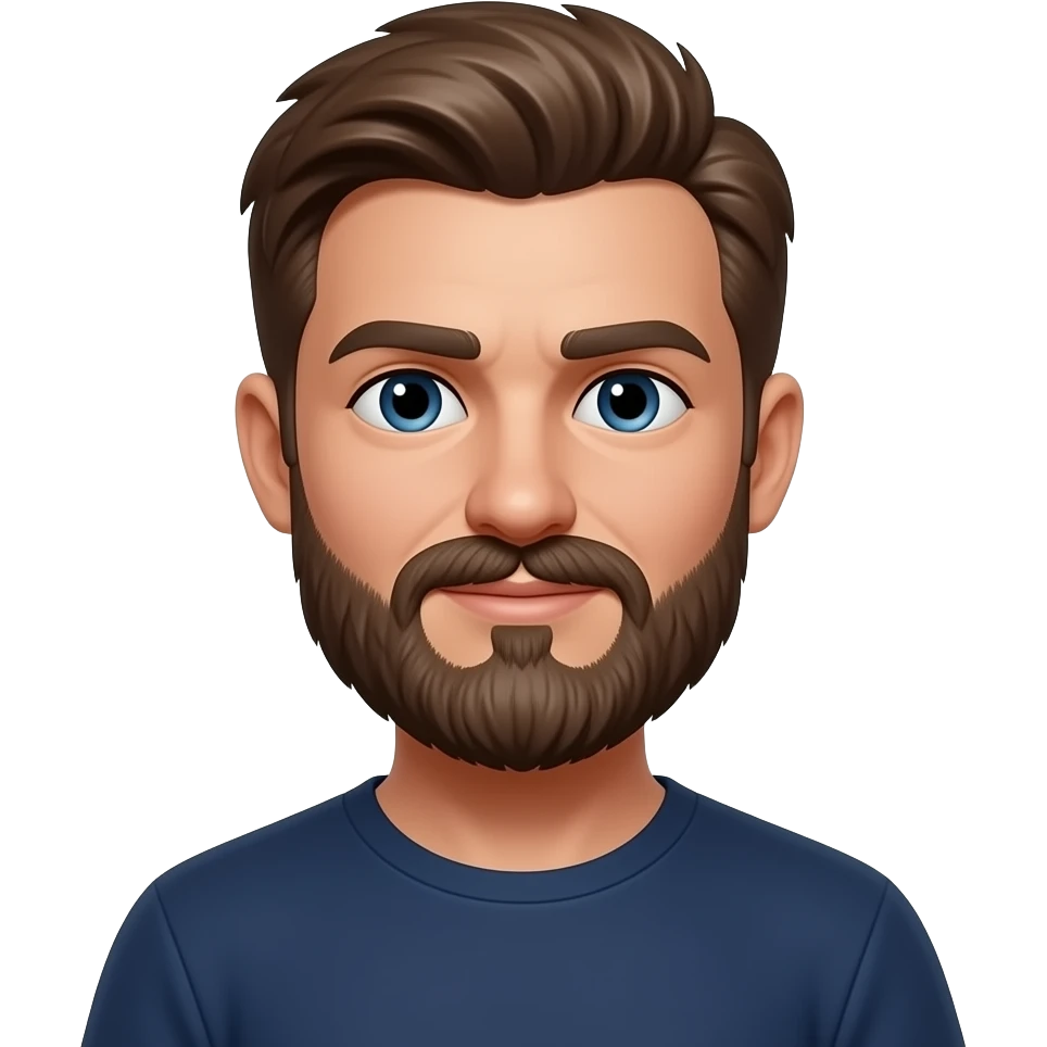 A character with a thick bushy mustache, brown hair, navy blue t-shirt emoji