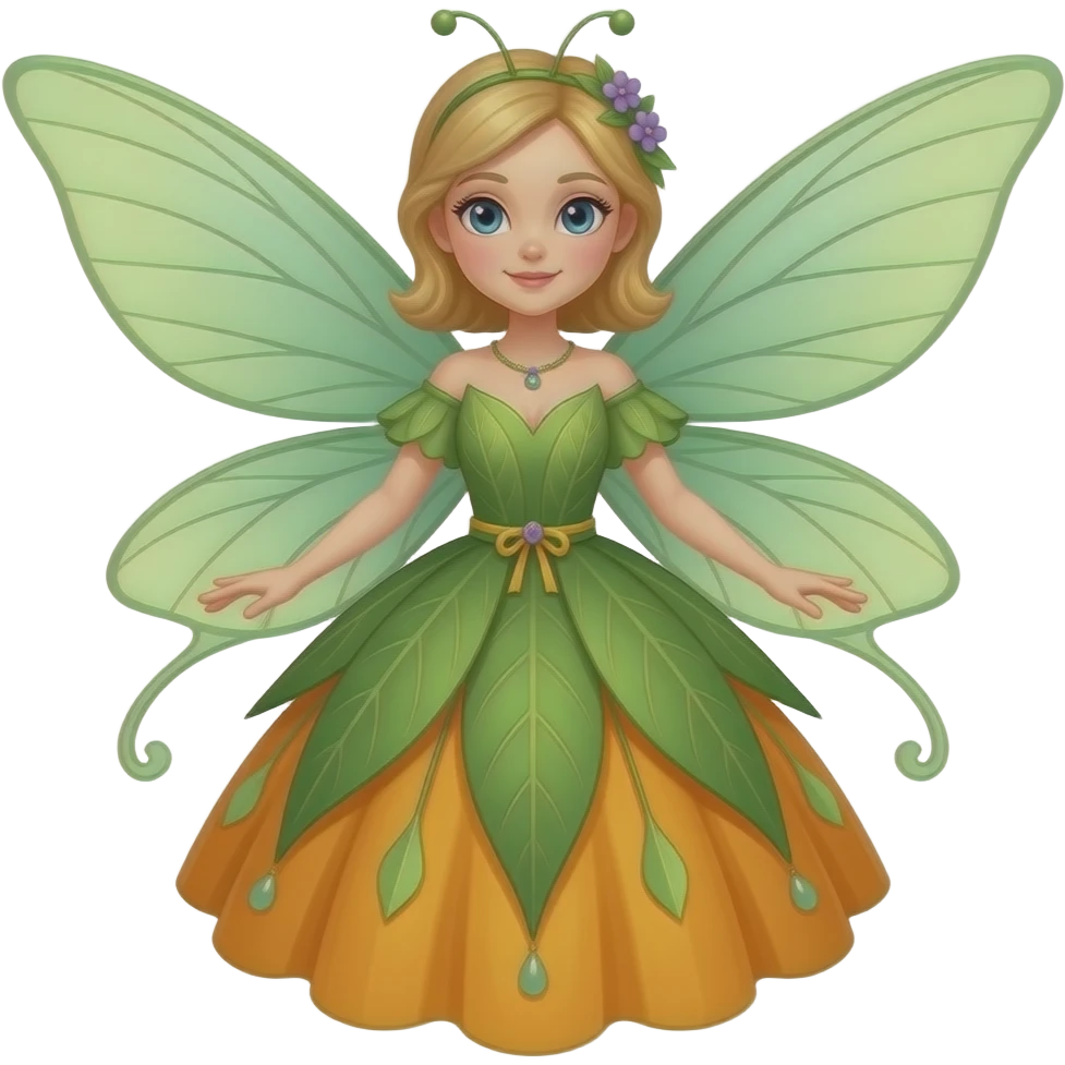 An elegant garden fairy in a green and orange color palette, with delicate translucent wings, a flowing leaf-and-petal dress, rosy cheeks, and tiny lilac accents. emoji