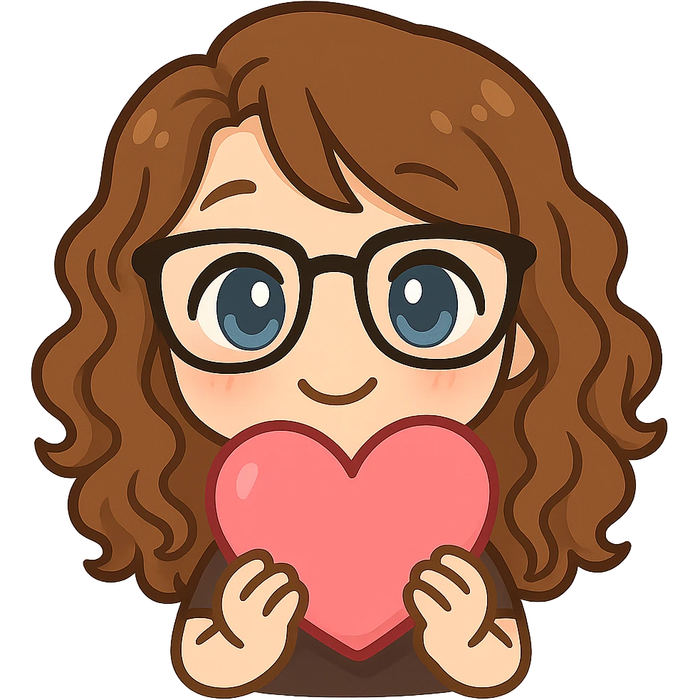 Create a chibi sticker emoji of the person in the reference image with glasses and curly hair, holding a heart. The style should be cute and expressive with a transparent background. emoji