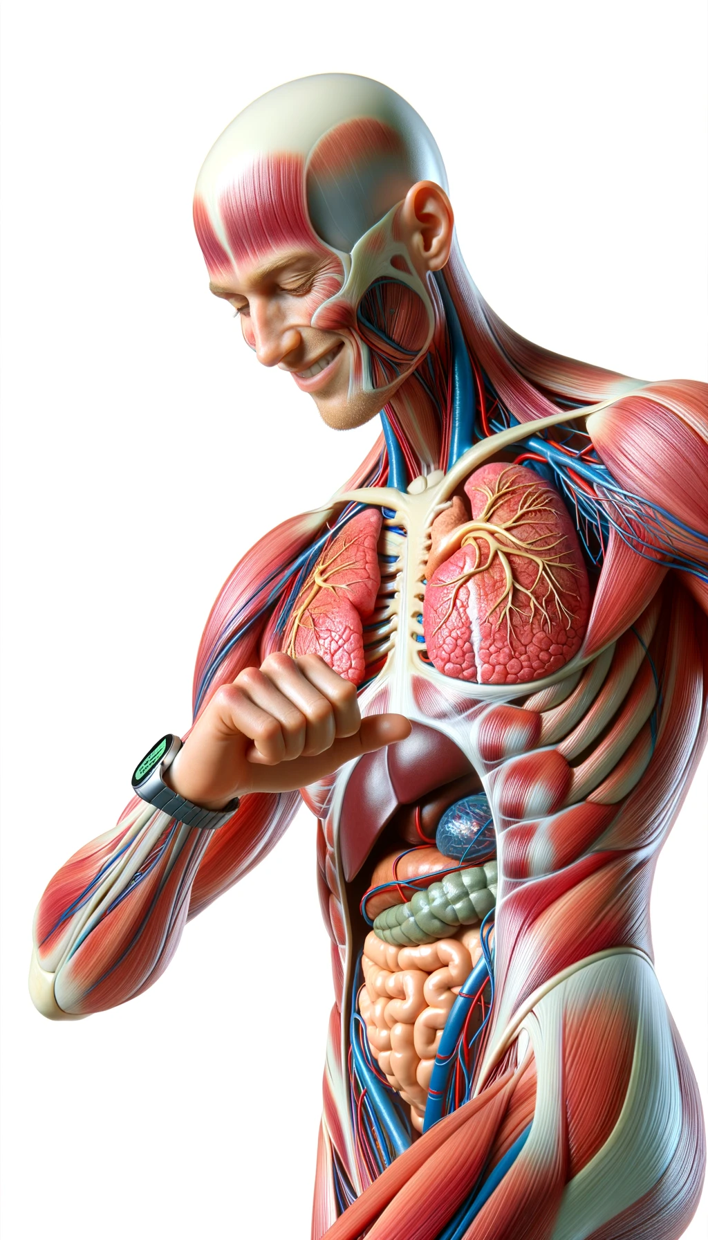 corpo umano anatomico sereno e felice che cammina mentre osserva il suo orologio contapassi, colori realistici del corpo e organi visibili, espressione soddisfatta, iperrealistica 4k, isolato su sfondo bianco emoji