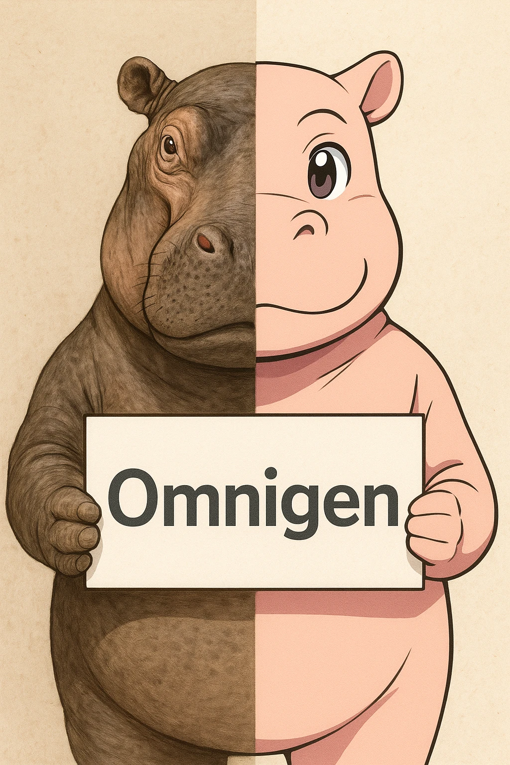 a hippo holding sign of omnigen, half picture hippo is realistic another hald is the anime of that same hippo emoji