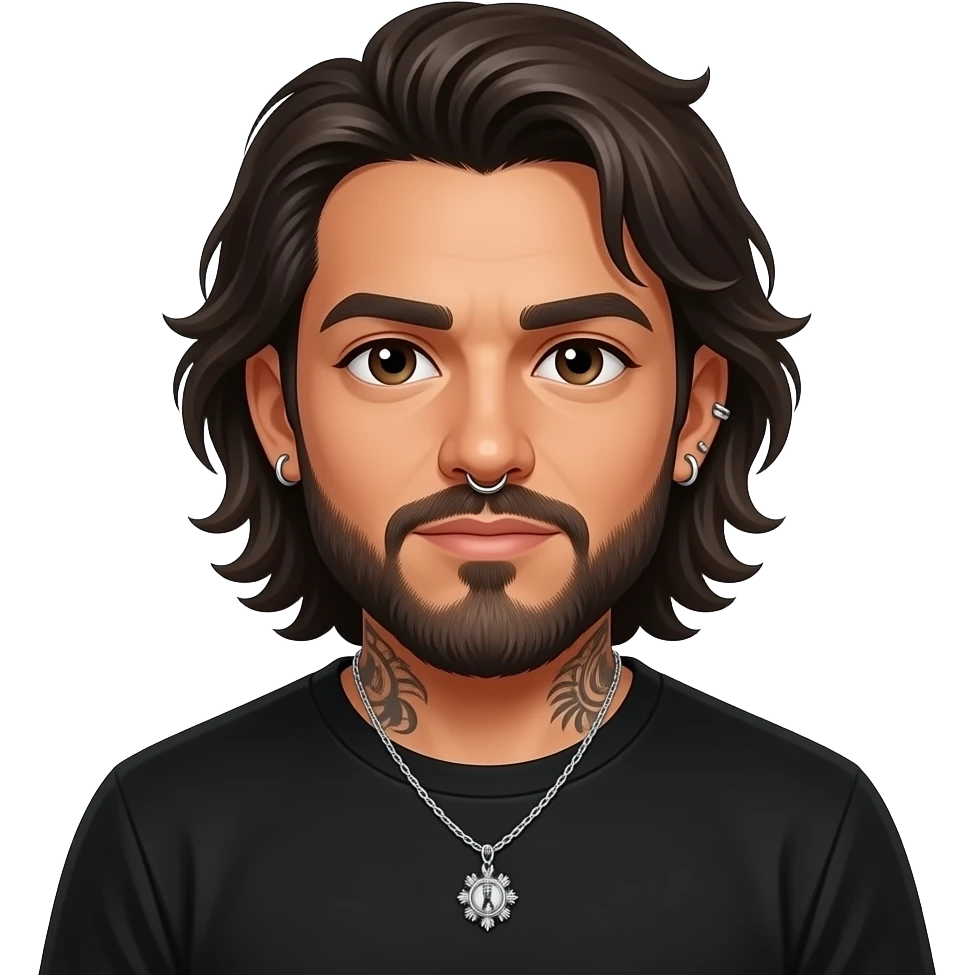 The handsome manly Latino podcast host with medium length hair, a long slightly graying beard and tattoos with his ears pierced 1 time each ear and a nose ring on the right side, dark brown eyes, wearing black, and jewelry, and he’s super drunk emoji