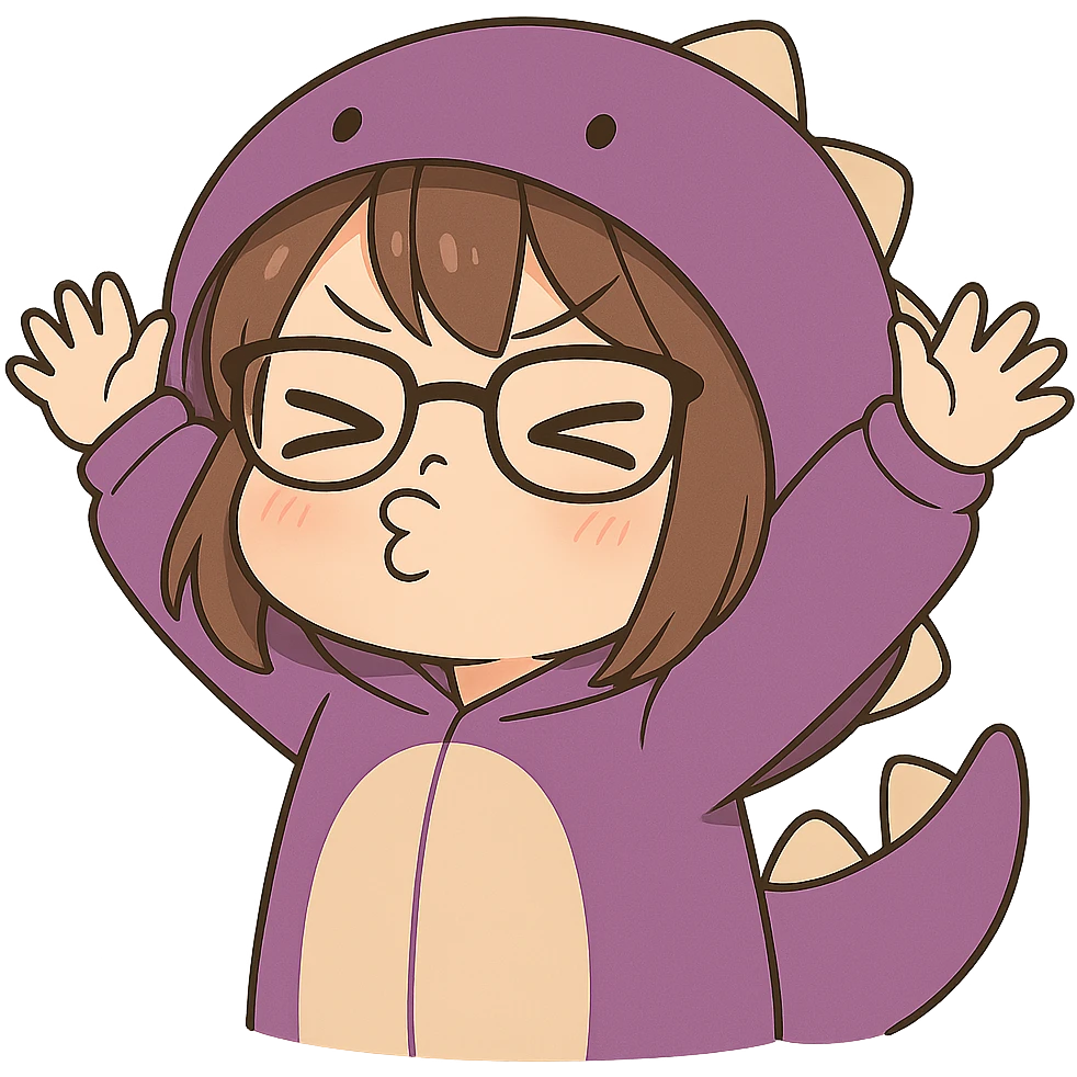 Chibi anime style gamer girl with glasses, brown hair, dark purple eyes, wearing a purple dinosaur costume, new pose with arms up in excitement, making a pouty expression, no controller, no background, same style as reference. emoji